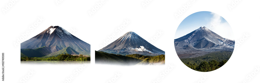 Aufkleber Three different views of a snow-capped volcano, with the rightmost view in a circular frame.