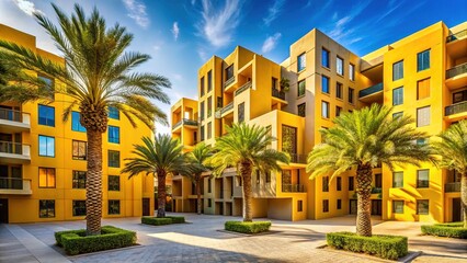 Fototapeta premium Abstract Architecture of a Modern Yellow Residential Building in Abu Dhabi