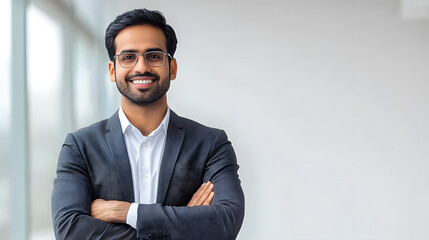 charismatic indian businessman in smart casual attire confident pose with folded hands against clean white backdrop warm smile conveys approachability and professionalism modern corporate portrait