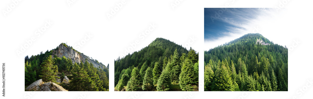 Aufkleber a collage of three images showing a mountain covered in pine trees under a blue sky with white cloud