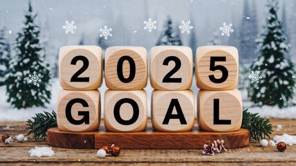 Wooden blocks displaying 2025 goal against a snowy winter backdrop.