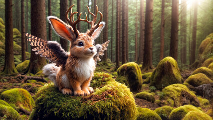 Wolpertinger, magical forest creature, rabbit with antlers and wings. Cute, furry animal on mossy rock in misty woods. Fantasy, German folklore, whimsical wildlife composite. Magical forest scene.