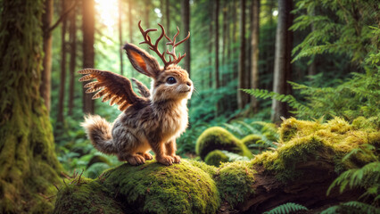 Wolpertinger, mythical forest creature, rabbit with antlers and wings. Cute, furry animal on mossy rock in misty woods. Fantasy, German folklore, whimsical wildlife composite. Magical forest scene.