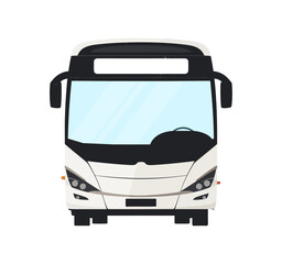A front-facing illustration of a modern white bus, designed with sleek lines and large windows, giving a sense of transportation, travel, and public transit. Clean and efficient design.
