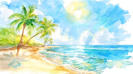 A watercolor painting of a tropical beach with palm trees and a blue sky.
