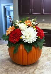 Pumpkin Vase with Red, White, and Orange Flowers for Festive Fall Decor

