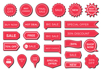 Red price tags, labels and ribbons, sale banners, vector eps10 illustration