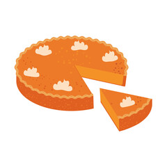 A whole pumpkin pie and a piece cut off. Traditional October pastry isolated on white background. 