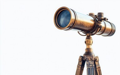 An antique telescope elegantly mounted on a sturdy tripod, isolated against a clean white background, symbolizing the passage of time and exploration 