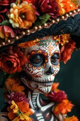 Person with Dia de los Muertos makeup and floral headdress
