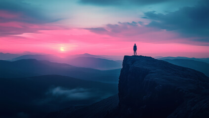 Fototapeta premium A man stands atop a mountain, overlooking the valley and clouds at sunrise. The sky is painted with vibrant colors, as if it were an endless canvas, creating a breathtaking view
