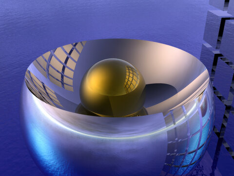 Fr&uuml;he 3D-Illustration - spiegelnde K&ouml;rper, Kugel, Quader