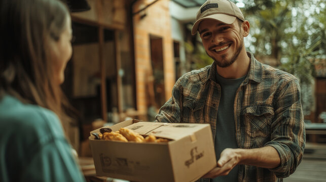 A smiling man hands over a box of fresh pastries to a woman at a cozy outdoor market in the afternoon sunlight
