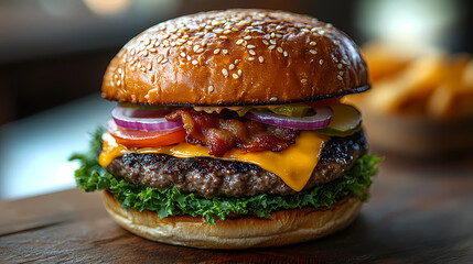 Delicious gourmet hamburger with meat, bacon, cheddar, tomato, lettuce, special sauce, onion and pickles ready to eat