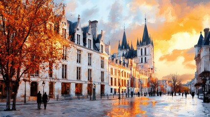 Fototapeta premium Autumn Watercolor Scene in Historical City