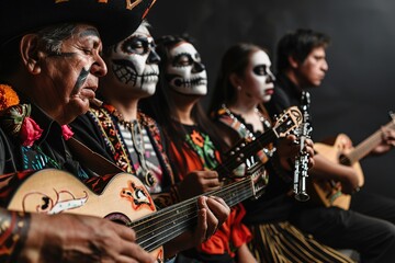 Obraz premium Group of musicians with Dia de los Muertos makeup playing tradit