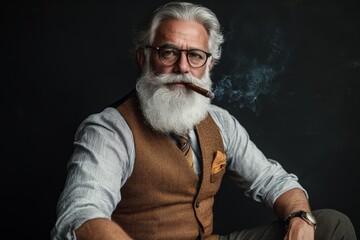 Obraz premium An elderly man exudes sophistication as he smokes a cigar, wearing a vest and glasses, creating an atmosphere of timeless elegance