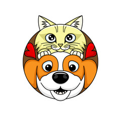Round icon cute dog and cat on white background.