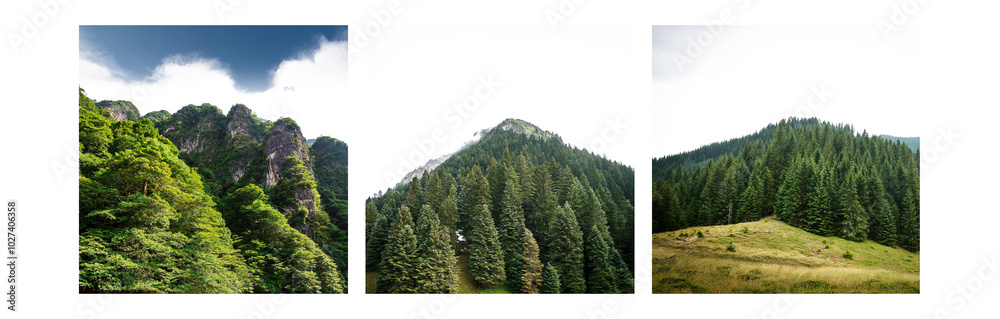 Aufkleber three vertical images of forested mountains against a cloudy sky.