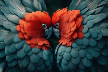 Fototapeta premium Two vividly colored parrots gently touch beaks, showcasing their striking red and teal feathers in a lush environment. The scene captures a moment of connection as the sun sets, illuminating their int