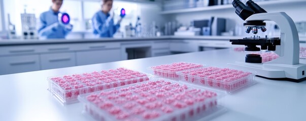 In-vitro drug testing setup, showing cultured human cells in multi-well plates being analyzed by automated microscopes while scientists review holographic cellular activity