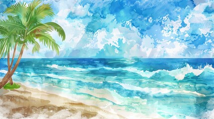 A watercolor painting of a beach scene with palm trees and the ocean.