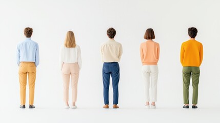 Fototapeta premium Five individuals standing together, facing away against a white background.