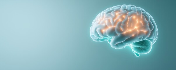 Obraz premium Illuminated brain design on a soft blue background, highlighting cognitive processes.