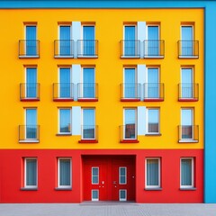 Obraz premium A vibrant mix of orange and red tones dominate the building's facade. Exciting features include twelve windows with rustic balconies and a pair of bold red doors at the base.