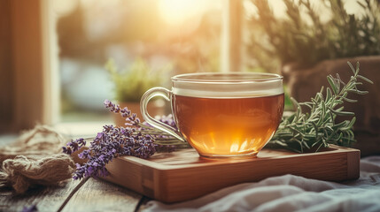 A cup of herbal tea placed on a rustic wooden tray