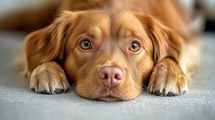 A warm-toned brown dog rests with its paws stretched forward, enveloped in a cozy environment, illuminated by soft indoor lighting, conveying relaxation and contentment in a homey setting.