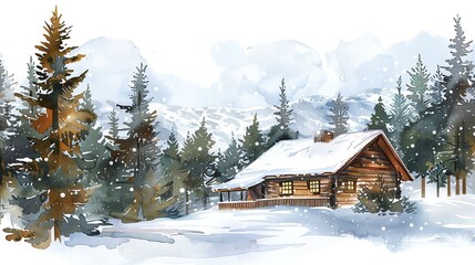 A wintery scene with a cozy cabin in the forest.