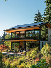 A modern energy-efficient home with solar panels on the roof