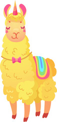 A whimsical cartoon style llama features a unicorn horn and a vibrant rainbow saddle. The llama is yellow with a charming bow showcasing a playful design.