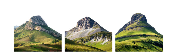 Three rocky mountain peaks rise up from green grassy slopes.