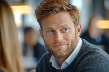 Fototapeta premium Portrait of a ginger-haired man with a beard smiling and gazing sideways. He is set against the backdrop of an office area filled with warm, ambient light adding comfort.