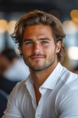 Fototapeta premium A confident young man with wavy hair and a relaxed smile, captured in a soft focus setting, adding warmth and friendliness to the ambiance of the image.