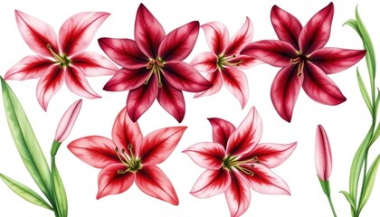 Obraz premium Lilies set of burgundy and pink flowers on isolated white background, watercolor illustration AI Generate