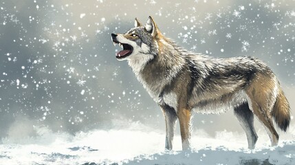 Naklejka premium A lone wolf howls at the falling snow in a wintery landscape.
