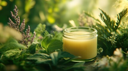 A close-up of a herbal salve in a glass jar, set against a backdrop of herbs and natural materials