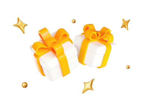 3d white gift box with yellow ribbon and flying gold stars and balls. Stock vector illustration on isolated background.