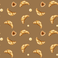 Seamless pattern of watercolor croissants and sweet hearts. Food illustration.French breakfast. Delicate coffee pattern