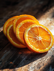 Close-up of bright orange slices arranged on a wooden surface