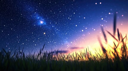 Fototapeta premium Serene Night Sky Over Grassland at Dusk