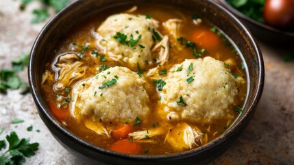 A bowl of chicken and dumplings soup with parsley garnish.