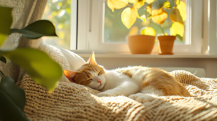 A cozy cat napping on a knitted blanket by a sunlit window with potted plants, enjoying a peaceful afternoon.