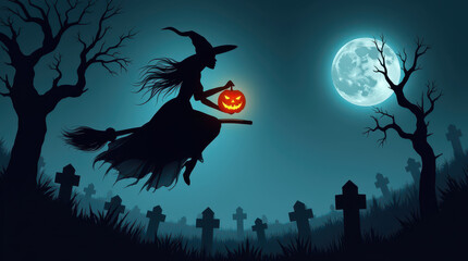 Fototapeta premium Black silhouette of Halloween witch flying gracefully on a broomstick and holds a glowing Halloween pumpkin. Below her, a night cemetery 