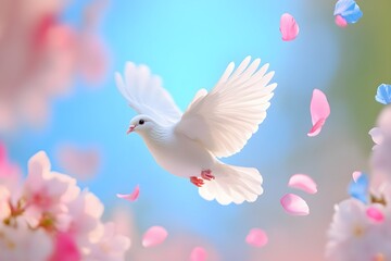 Fototapeta premium A white dove flying in the sky, surrounded by pink and blue petals. The background is a soft gradient of light colors