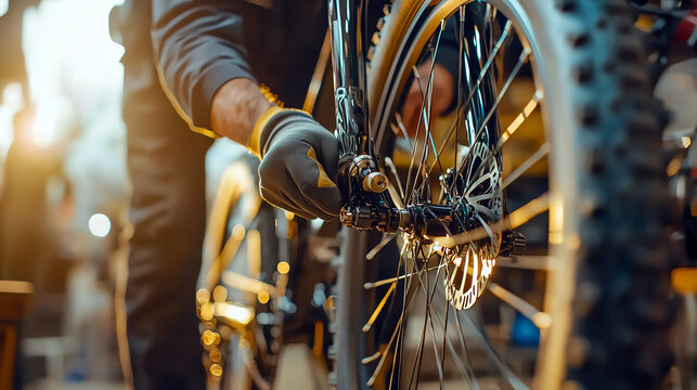 Close-up of a mechanic's hands adjusting a bike wheel with sunlight in the background, showcasing precision and craftsmanship in a workshop.