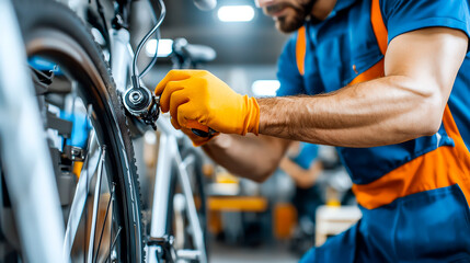Mechanic wearing gloves, repairing bicycle in workshop. Focus on hands and tools, highlighting craftsmanship and attention to detail.